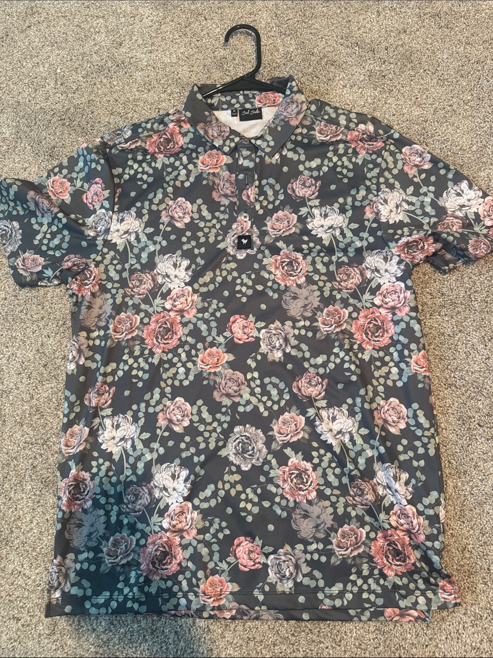 Bad Birdie Black Floral Polo with Pink and White Roses